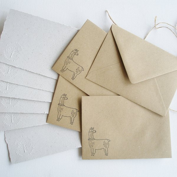 Letter Writing Set made from handmade recycled paper with llama poo. Eco friendly stationery for llama lover gift. 6x4 Inch sheets