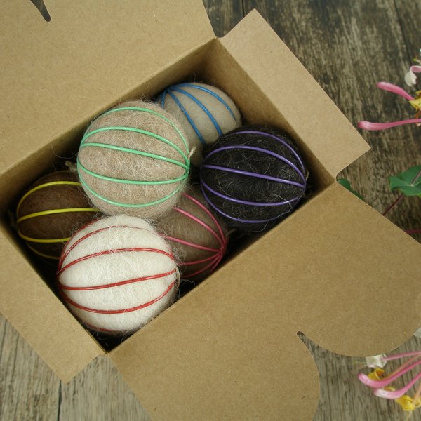 Box of 6 Bird Nesters, Llama Fibre. Bright Coloured baubles with nesting material for the birds in gift box. Eco friendly Decoration, Garden