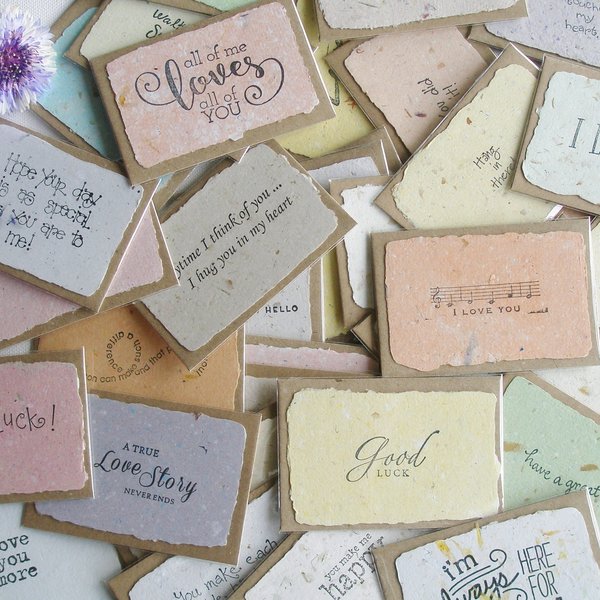 Box of 50 mini gift cards with envelopes, mixed sayings and sentiments on handmade recycled paper