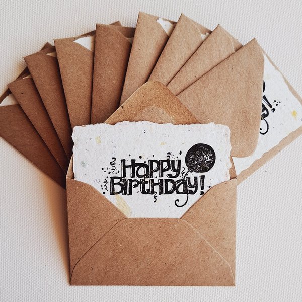 10 Mini Happy Birthday Cards and Envelopes, Handmade Recycled Paper Gift Card