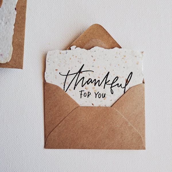 10 Mini Cards with Envelopes, Handmade Recycled Paper 'Thankful for you" Messages, Gratitude cards, set