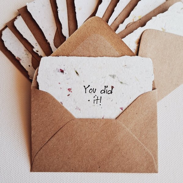 10 Congratulations Mini Cards with Envelopes for Teachers, Parents, Friends. Handmade Recycled Paper "You Did it!" notes