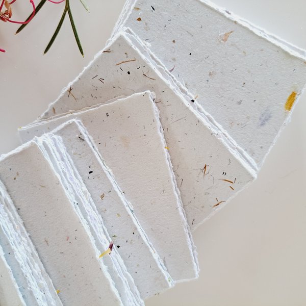 20 Pieces of 2.5 x3.5" Handmade Recycled Paper in Neutral tones, many with botanicals throughout