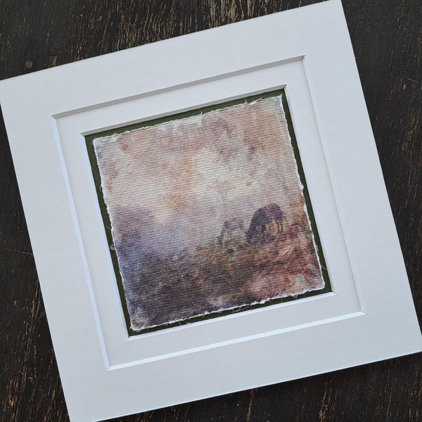 Mini llama artwork "Grazing in the Mist"