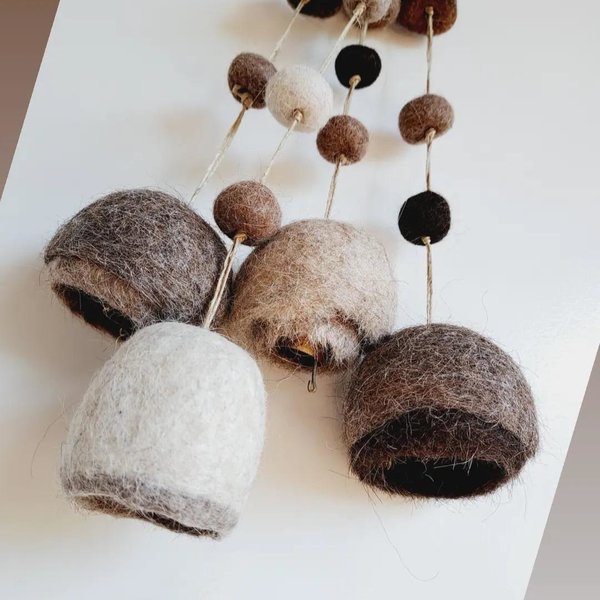 Boho Bell made with llama fiber for nursery. Fuzzy Natural Toned Decor for Rustic Farmhouse, Room for Children.