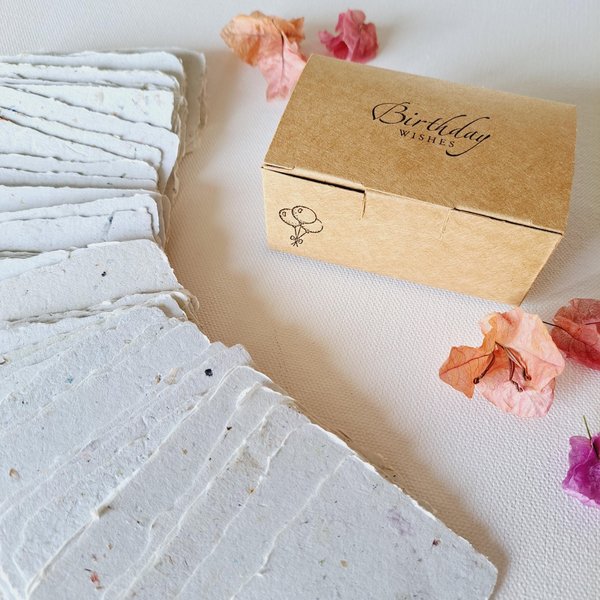 Little box of Birthday Wishes. 50 blank deckle edge paper. Mini Handmade Recycled 2x3 sheets, Neutral tones, for guests to write on at party
