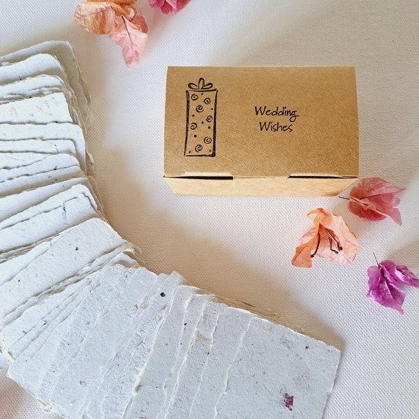 Little box of Wedding Wishes. Mini Handmade Recycled 2x3 sheets, Neutral tones, for guests to write on. 50 blank deckle edge papers