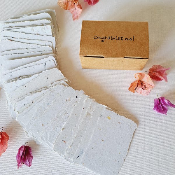 Congratulations! Box of 50 blank deckle edge papers to celebrate success. Mini Handmade 2x3 papers for personal messages of encouragement