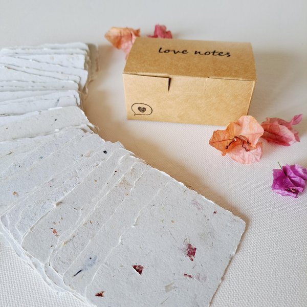Little Box of Love Notes. 50 blank deckle edge papers. Mini Handmade Recycled 2x3 sheets, Neutral tones, for messages of love