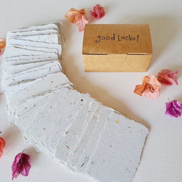 Little Box of Good Luck. 50 blank deckle edge papers for farewell or new job messages. Mini Handmade 2x3 sheets, Neutral, Sentiment cards