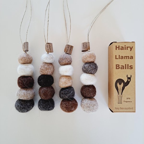Hairy Llama Balls. Handmade Felt dangle car accessory. Hang it anywhere. BYO fragrance oil or scent. Packaged for gifting, under 20