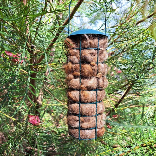 Bird Nester. Llama Fibre Nesting Material for backyard bird nests and birdhouses. SMALLER VERSION green metal hanging holder.