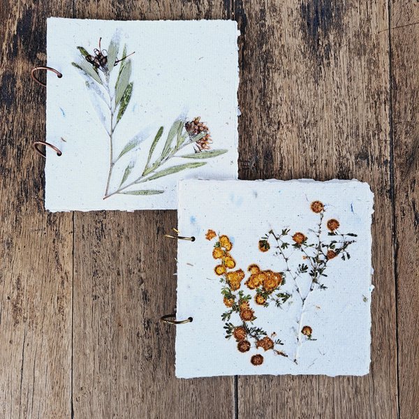 Handmade recycled paper journal / notebook with wattle or grevillea cover, binder rings and pages with botanicals / petals. Add Extra pages
