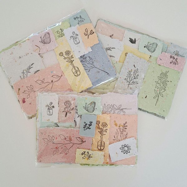 Handmade Stamped Recycled Paper Ephemera Pack: Junk Journal Supplies, 20 small botanical pieces