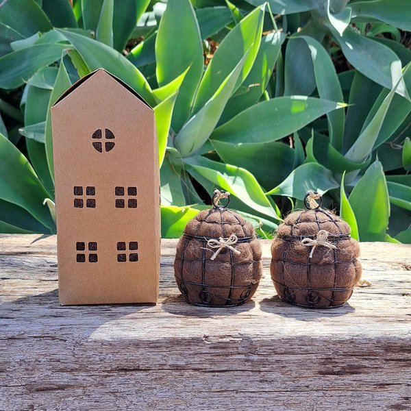Set of 2 small bird nesters with box of refill. Llama Fibre Nesting Material accessory for bird watchers, birdbath / feeders