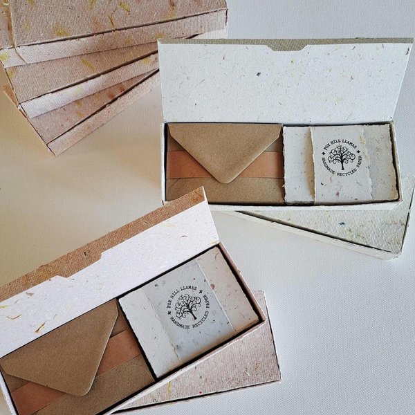 30 Handmade recycled papers with commercially recycled brown envelopes. 4x3 Inch Stationery Set in Gift Box