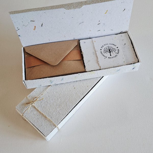 30 Handmade recycled papers with commercially recycled brown envelopes. 4x3 Inch Stationery Set in Gift Box