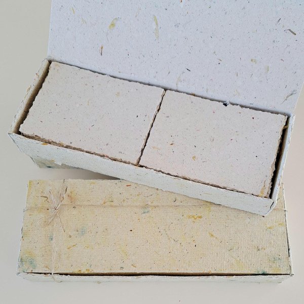 50 Pieces of thick handmade recycled card 4x3 Inch in Gift Box. Cream in colour, deckle and rough torn edges with saffron flecks