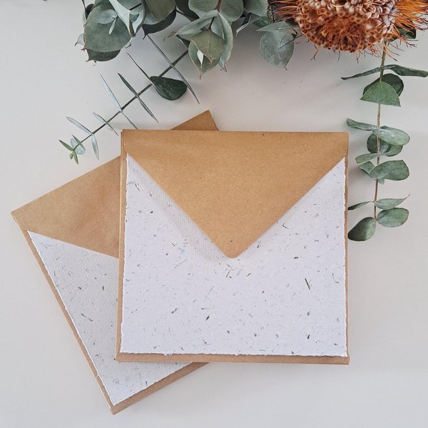 5 Sheets of 6x6 inch Handmade Recycled Paper with grass / lawn with square brown envelopes