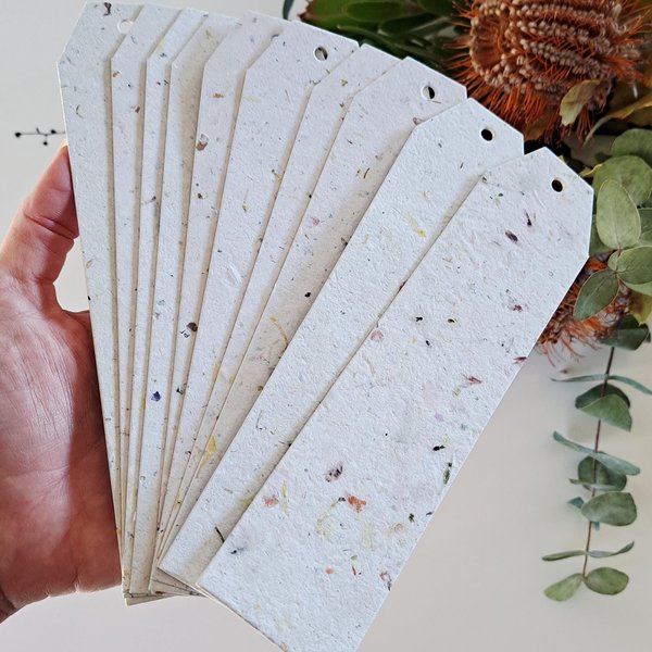 Large tags / labels / bookmarks, handmade recycled paper with botanicals